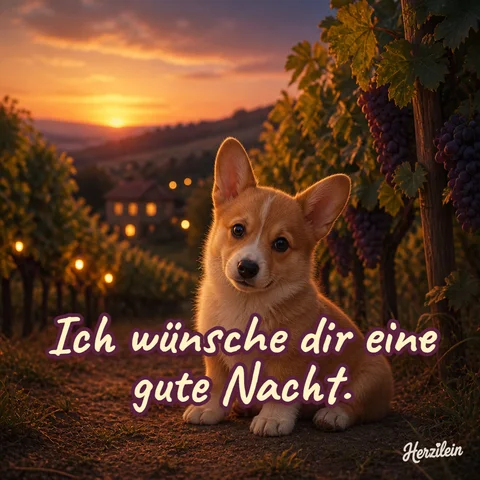 Gute-Nacht-Bild: Corgi-Welpe am Weinberg im warmen Abendrot, mit dem Gruß „Ich wünsche dir eine gute Nacht“