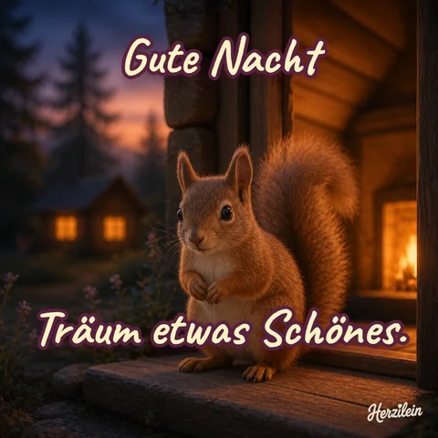Gute-Nacht-Bild: Eichhörnchen vor der warm leuchtenden Tür einer Holzhütte am Abend, mit dem Gruß „Träum etwas Schönes“