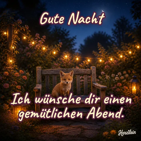 Gute-Nacht-Bild: Fuchswelpe auf einer Gartenbank mit Lichterketten in der Dämmerung, mit dem Gruß „Ich wünsche dir einen gemütlichen Abend“