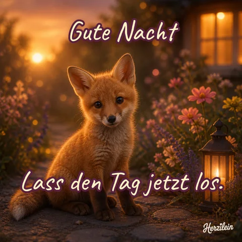 Gute-Nacht-Bild: Fuchswelpe in einer Gartenecke mit Blumen im Abendlicht, mit dem Gruß „Lass den Tag jetzt los“