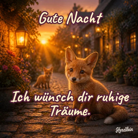 Gute-Nacht-Bild: Fuchswelpe im Garten neben einer Laterne im Abendlicht, mit dem Gruß „Ich wünsch dir ruhige Träume“