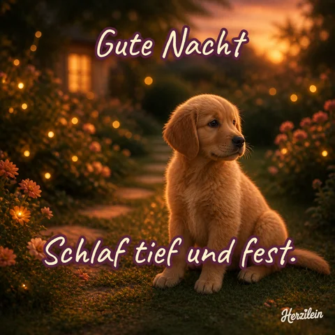 Gute-Nacht-Bild: Golden-Retriever-Welpe im Blumengarten mit Lichterketten in der Dämmerung, mit dem Gruß „Schlaf tief und fest“