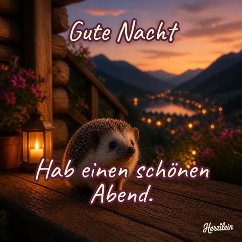 Gute-Nacht-Bild: Igelkind auf der Veranda einer Berghütte mit Lichtern im Tal, mit dem Gruß „Hab einen schönen Abend“