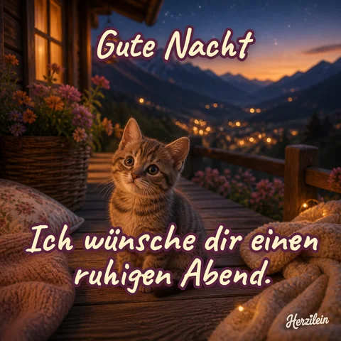 Gute-Nacht-Bild: Kätzchen auf einer Holzveranda mit Decken und Lichtern im Tal, mit dem Gruß „Ich wünsche dir einen ruhigen Abend“