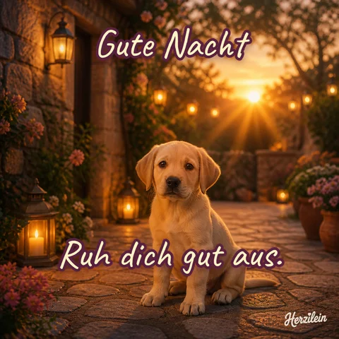 Gute-Nacht-Bild: Labradorwelpe in einem Innenhof mit Laternen in der Abenddämmerung, mit dem Gruß „Ruh dich gut aus“
