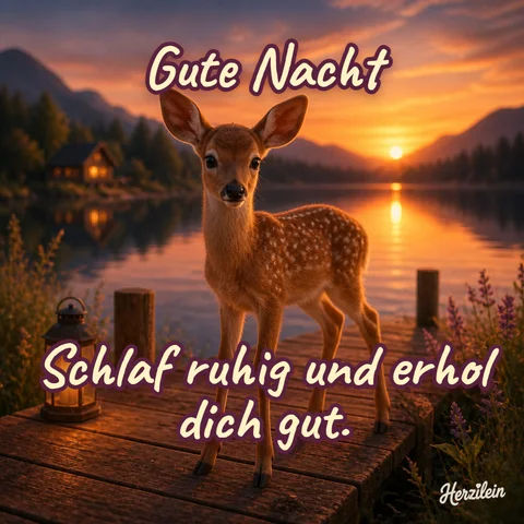 Gute-Nacht-Bild: Rehkitz auf einem Steg am Bergsee im Abendrot, mit dem Gruß „Schlaf ruhig und erhol dich gut“