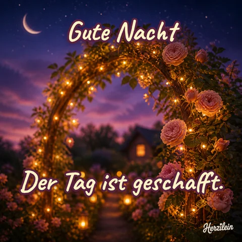 Gute-Nacht-Bild: Rosenbogen mit Lichterkette unter violettem Abendhimmel, mit dem Gruß „Der Tag ist geschafft“