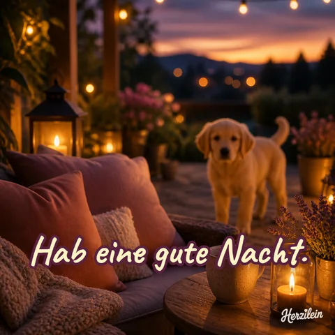 Gute-Nacht-Bild: Welpe auf einer Terrasse mit Kissen und Laternen am Abend, mit dem Gruß „Hab eine gute Nacht“