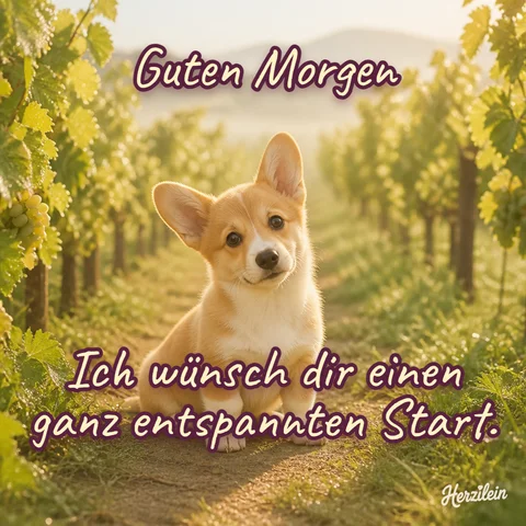 Guten-Morgen-Bild: Corgi-Welpe auf einem Weinbergweg im Morgendunst, mit dem Gruß „Ich wünsch dir einen ganz entspannten Start“