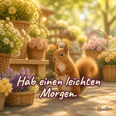 Guten-Morgen-Bild: Eichhörnchen an einem Blumenstand mit Körben voller Blüten bei Sonnenaufgang, mit dem Gruß „Hab einen leichten Morgen“