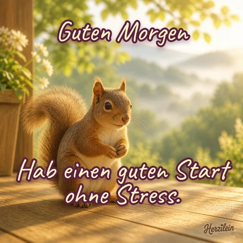 Guten-Morgen-Bild: Eichhörnchen auf einer Holzveranda mit Morgennebel über den Hügeln, mit dem Gruß „Hab einen guten Start ohne Stress“