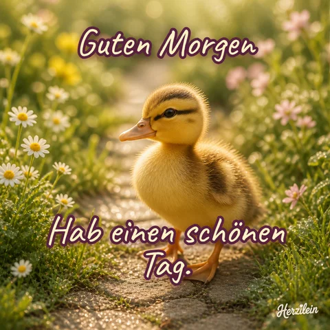 Guten-Morgen-Bild: Entenküken auf einem taufrischen Gartenweg zwischen Gänseblümchen, mit dem Gruß „Hab einen schönen Tag“