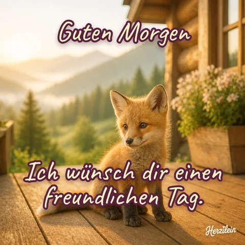 Guten-Morgen-Bild: Fuchswelpe auf der Terrasse einer Berghütte mit Blick ins Tal bei Sonnenaufgang, mit dem Gruß „Ich wünsch dir einen freundlichen Tag“