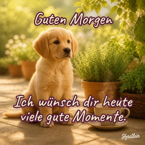 Guten-Morgen-Bild: Golden-Retriever-Welpe auf der Gartenterrasse zwischen Kräutertöpfen, mit dem Gruß „Ich wünsch dir heute viele gute Momente“