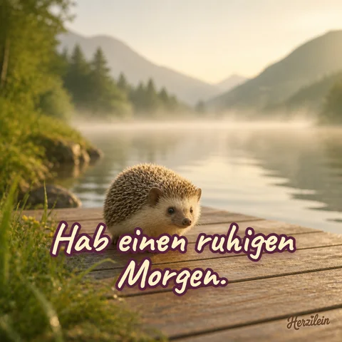 Guten-Morgen-Bild: Igelkind auf einem Steg am Bergsee im Morgennebel, mit dem Gruß „Hab einen ruhigen Morgen“