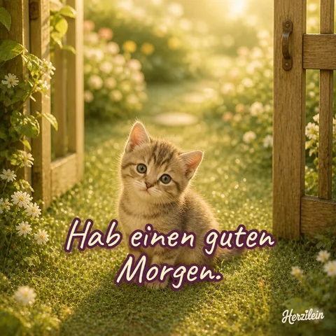 Guten-Morgen-Bild: Kätzchen am offenen Gartentor im taufrischen Gras, mit dem Gruß „Hab einen guten Morgen“