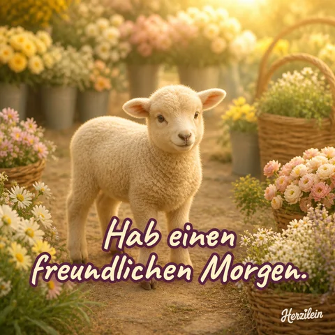 Guten-Morgen-Bild: Lamm zwischen Blumenkörben an einem Blumenstand bei Sonnenaufgang, mit dem Gruß „Hab einen freundlichen Morgen“