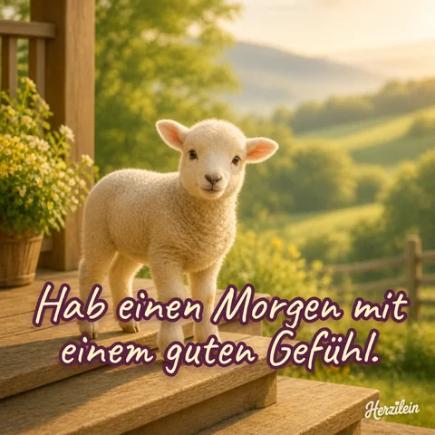 Guten-Morgen-Bild: Lamm vor einer offenen Holztür auf der Gartentreppe im Morgenlicht, mit dem Gruß „Hab einen Morgen mit einem guten Gefühl“