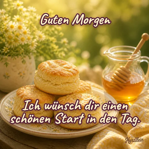 Guten-Morgen-Bild: Frische Scones und ein Honigglas auf dem Gartentisch im Morgenlicht, mit dem Gruß „Ich wünsch dir einen schönen Start in den Tag“