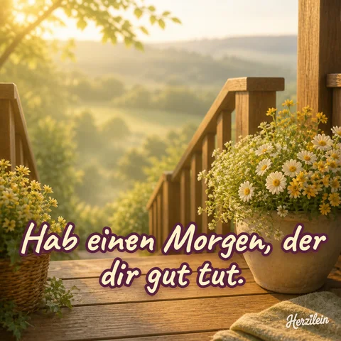 Guten-Morgen-Bild: Holztreppe einer Veranda mit Blumentopf und Blick auf die Morgenhügel, mit dem Gruß „Hab einen Morgen, der dir gut tut“