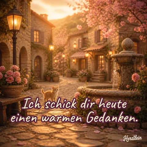 Liebe-Grüße-Bild: Gasse in einem Steindorf mit Laterne und rosa Blüten im Abendlicht, mit dem Gruß „Ich schick dir heute einen warmen Gedanken“