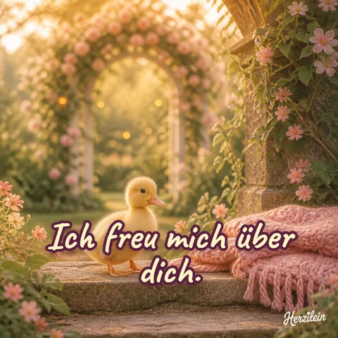 Liebe-Grüße-Bild: Entenküken unter einem Rosenbogen mit rosa Decke auf der Steintreppe, mit dem Gruß „Ich freu mich über dich“