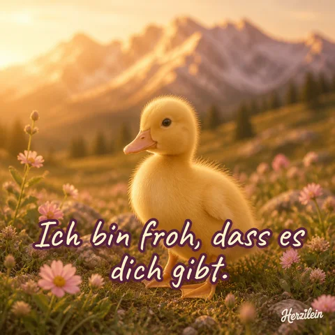 Liebe-Grüße-Bild: Entenküken auf einer Bergwiese mit Blumen im goldenen Abendlicht, mit dem Gruß „Ich bin froh, dass es dich gibt“