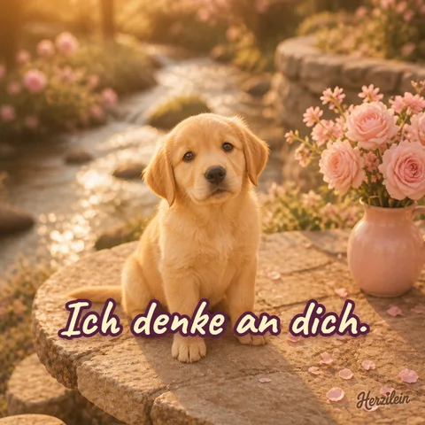 Liebe-Grüße-Bild: Golden-Retriever-Welpe an einem Steintisch am Bach mit rosa Vase, mit dem Gruß „Ich denke an dich“