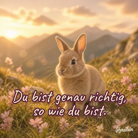 Liebe-Grüße-Bild: Häschen auf einer Bergwiese vor Gipfeln im Abendlicht, mit dem Gruß „Du bist genau richtig, so wie du bist“