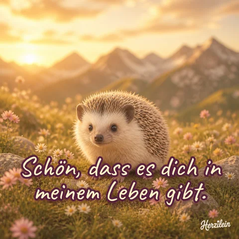 Liebe-Grüße-Bild: Igelkind auf einer Bergwiese vor goldenen Wolken, mit dem Gruß „Schön, dass es dich in meinem Leben gibt“