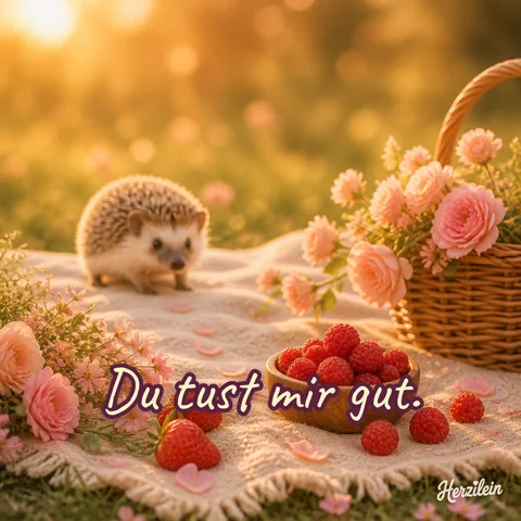 Liebe-Grüße-Bild: Igelkind auf einer Picknickdecke mit Erdbeeren und rosa Rosen, mit dem Gruß „Du tust mir gut“