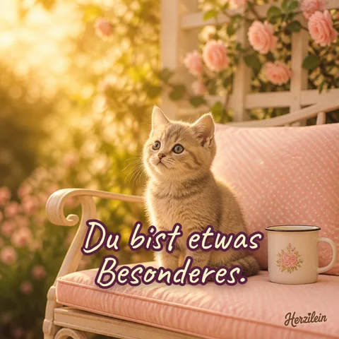 Liebe-Grüße-Bild: Kätzchen auf einer Terrassenbank mit rosa Kissen und Emaillebecher, mit dem Gruß „Du bist etwas Besonderes“
