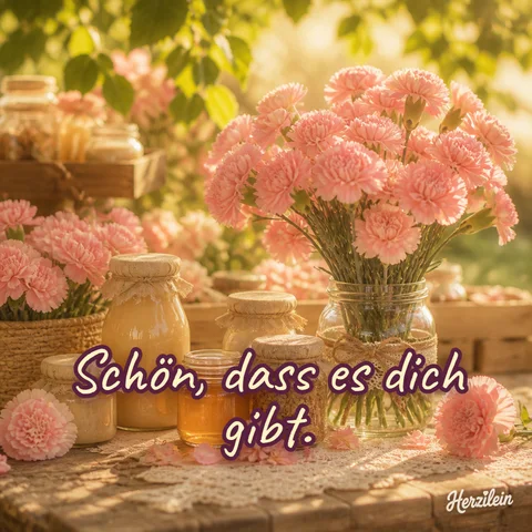 Liebe-Grüße-Bild: Marktstand mit Gläsern und rosa Nelken im rosigen Licht, mit dem Gruß „Schön, dass es dich gibt“