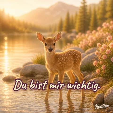 Liebe-Grüße-Bild: Rehkitz am Bergsee im goldenen Abendlicht, mit dem Gruß „Du bist mir wichtig“
