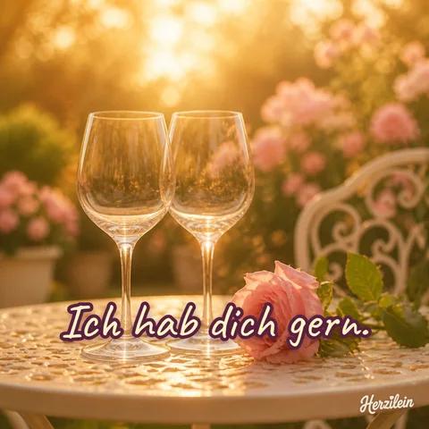 Liebe-Grüße-Bild: Zwei Weingläser und eine rosa Rose auf einem Gartentisch im goldenen Licht, mit dem Gruß „Ich hab dich gern“